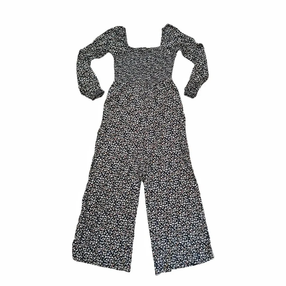 DOKOTOO Black Floral Elasticized Smocked Pant Suit Size L Stretch Top Wide Leg - Picture 1 of 6
